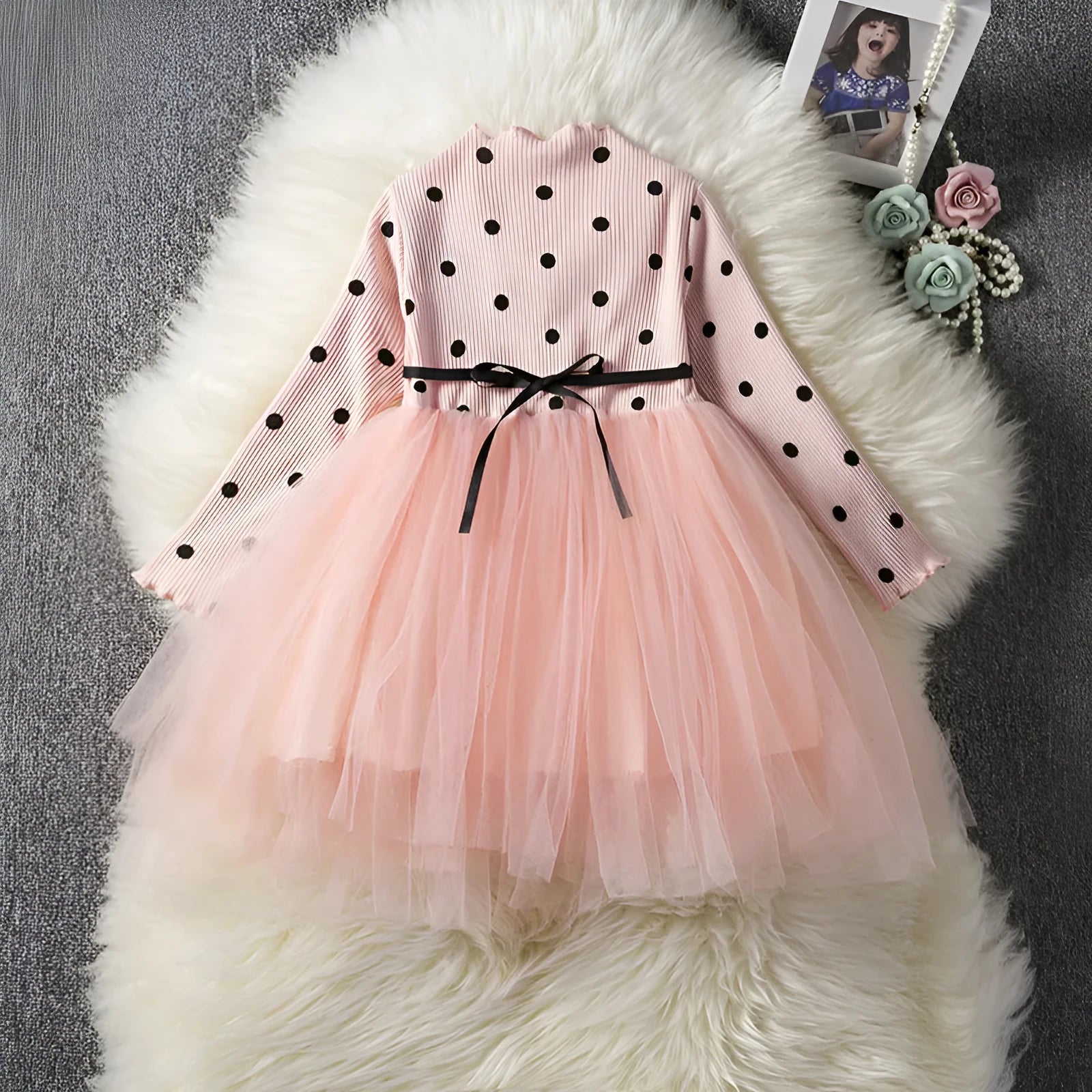 Baby girls long sleeve lace tutu dress in black, pink or white for christenings and birthdays