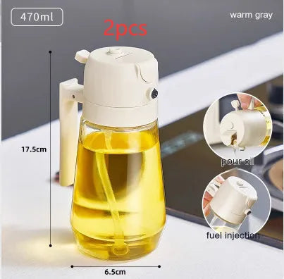 470ml glass oil sprayer and pour bottle in beige, black, green, and yellow colours with ergonomic handle