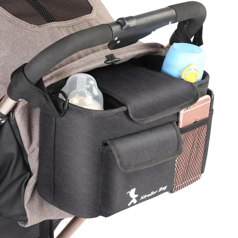 Black baby carriage bag made from 300D snowflake fabric, showing its structured shape and size.