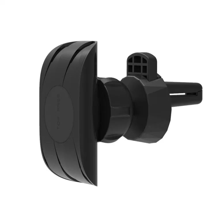 Matte black car phone holder mounted on air outlet with adjustable clamp and 360-degree rotation