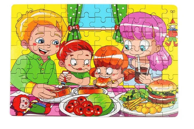Wooden jigsaw puzzle with 80 pieces for children, featuring animal and school themes in an iron box.