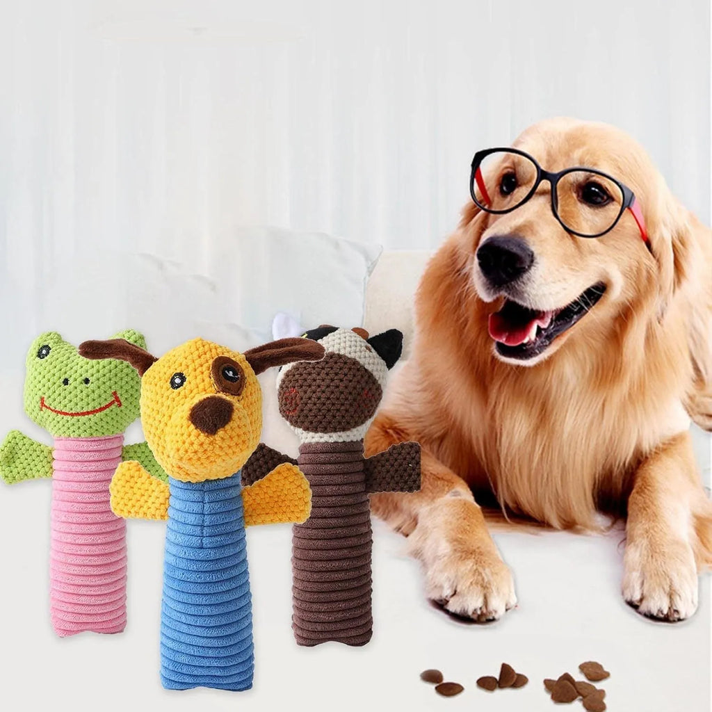 Dog squeaky chew toy in stuffed animal shape for dental cleaning, 19cm long