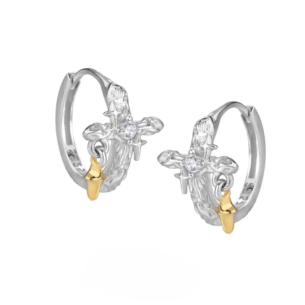 Pair of 925 sterling silver geometric cross earrings with white gold colour electroplated finish.