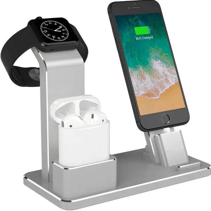 Three-in-one aluminium alloy charging bracket for Apple Watch iPhone AirPods on desk with non-slip base