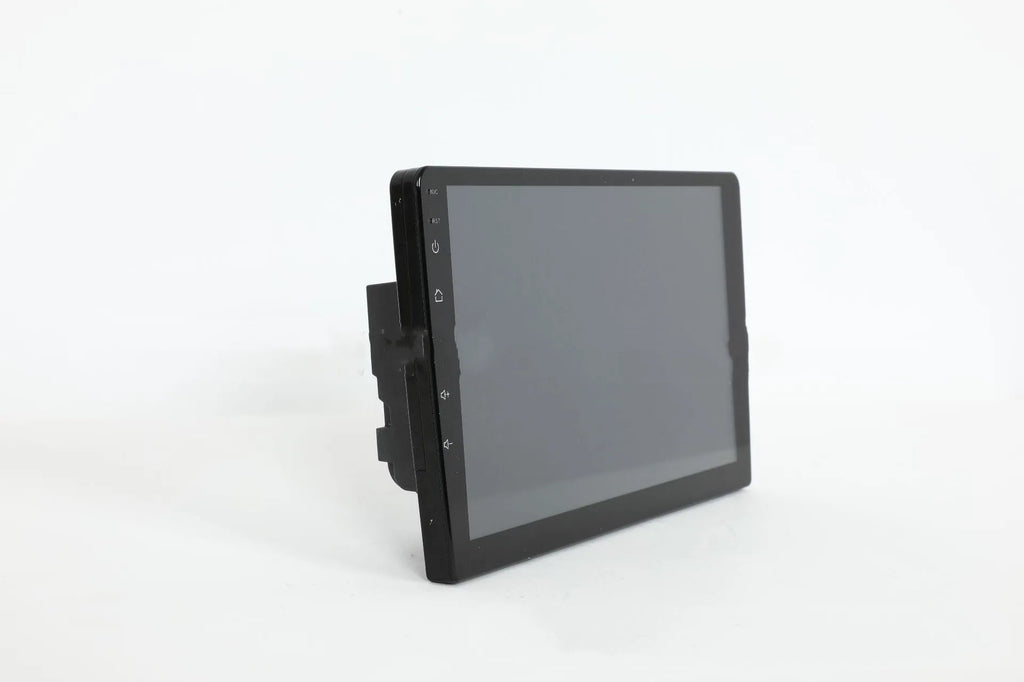 Black universal Android car head unit with 10.1 inch touch screen display showing GPS navigation map.