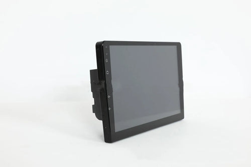 Black universal Android car head unit with 10.1 inch touch screen display showing GPS navigation map.