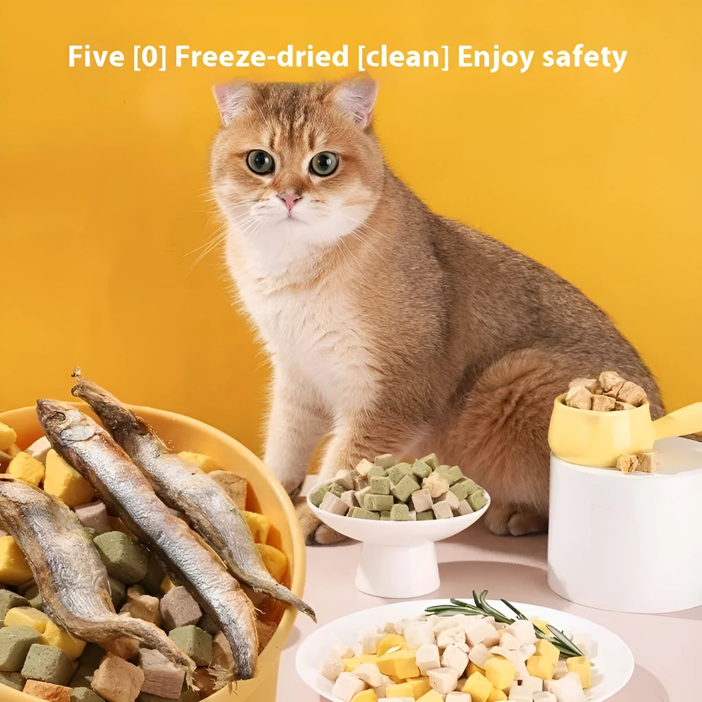 Freeze-dried chicken and egg yolk pet treats in individual packs for dogs and cats