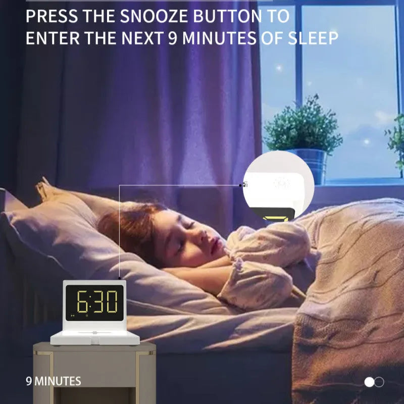 Clock wireless charging fast wireless charger with black finish, showing clock display and Type-C input port