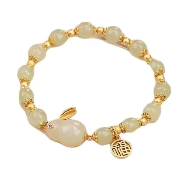 Green electroplated Jade Hare bracelet with Chinese Zodiac animal design for women.