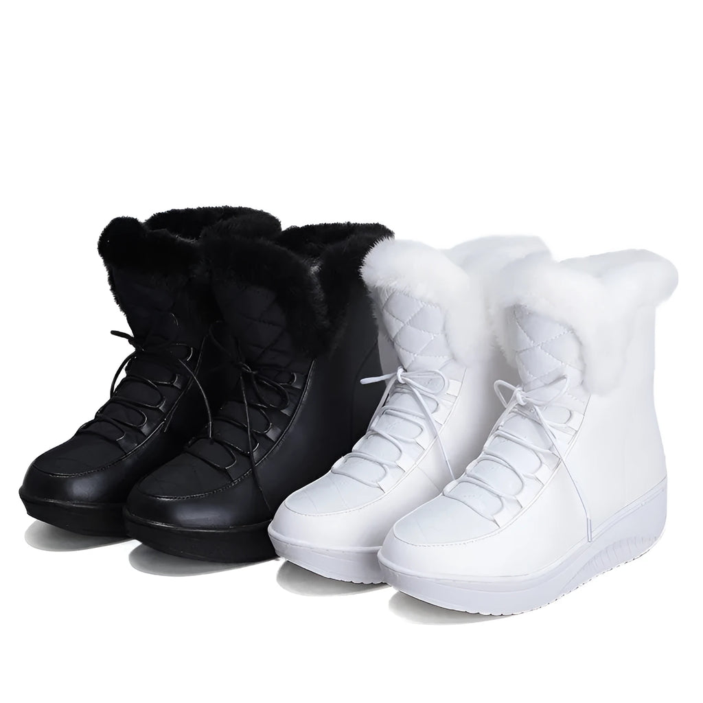 Black women's lace-up platform winter boots with water-resistant PU leather and plush lining.