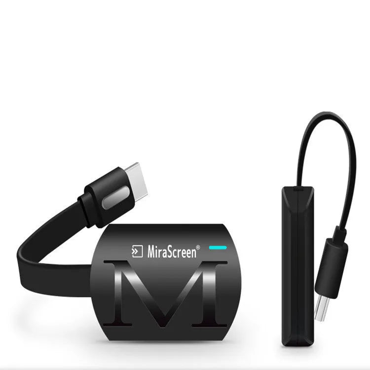 Small black USB TV dongle for HDMI smartphone screen mirroring and HD video playback.