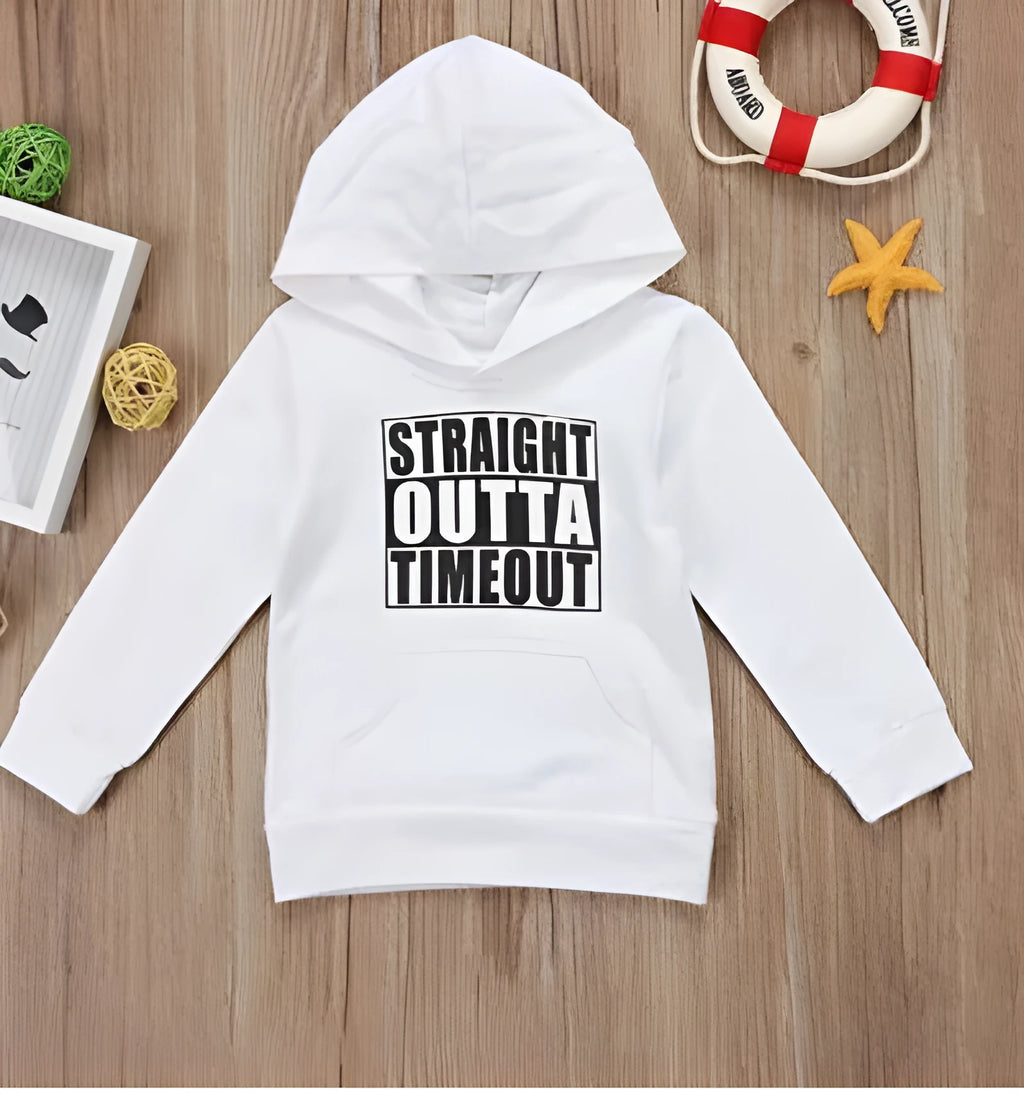 A black boys' hooded sweater with a white letter design on the front, featuring long sleeves and a pullover style.