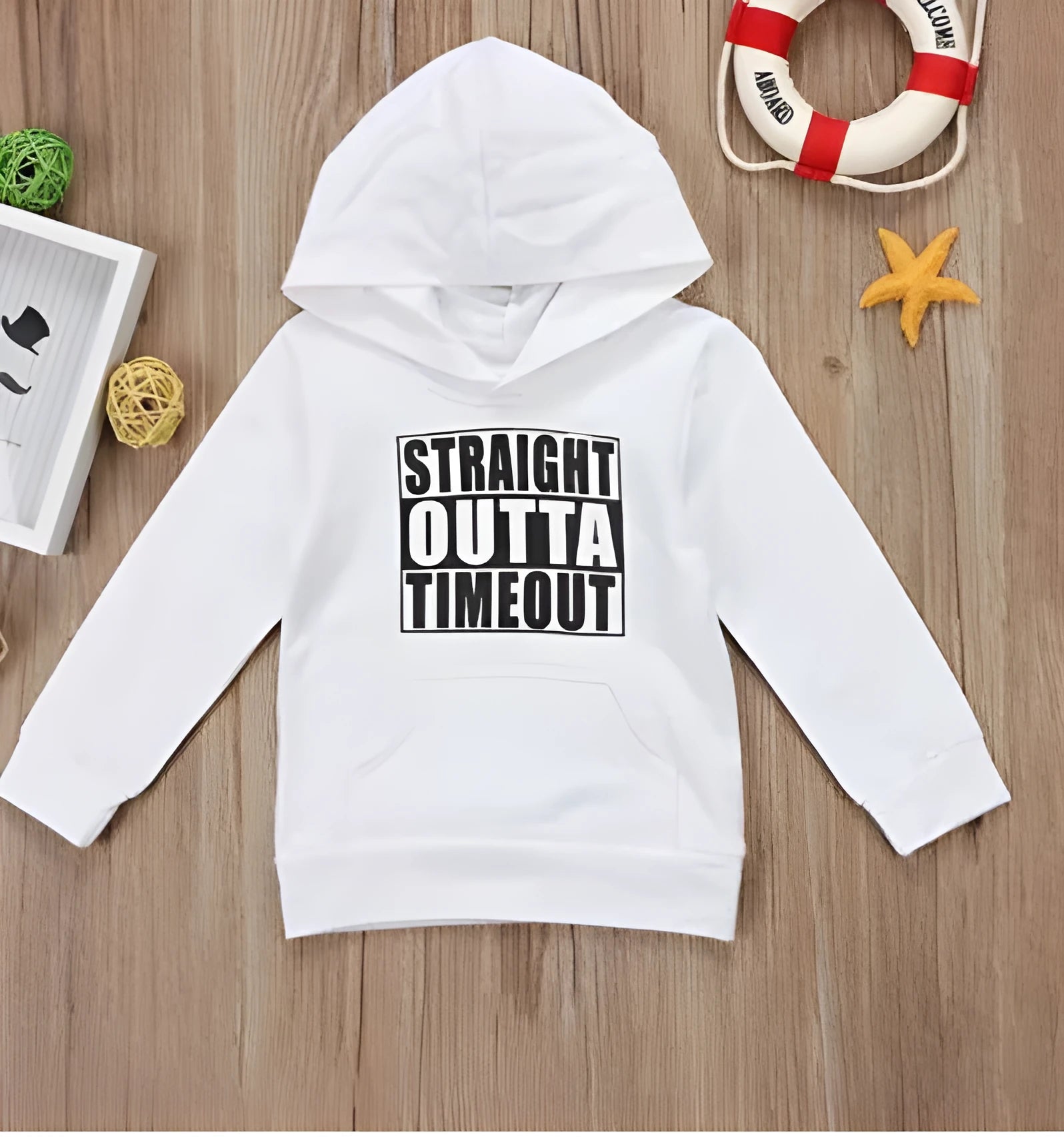 A black boys' hooded sweater with a white letter design on the front, featuring long sleeves and a pullover style.