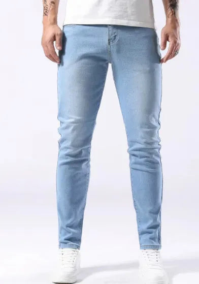 Men's light blue stretch slim-fit jeans cotton trousers side view