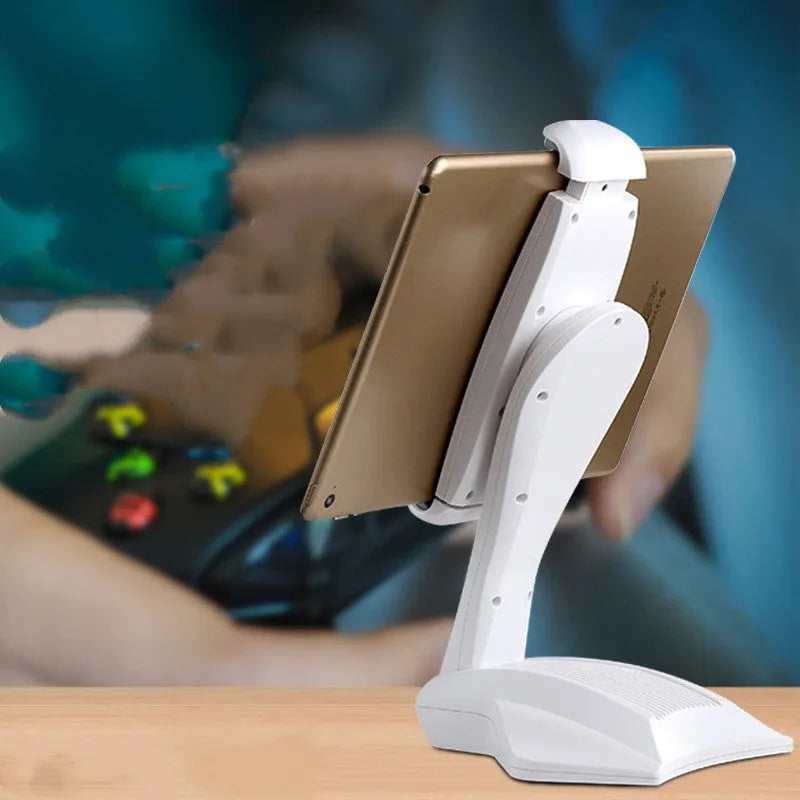 White adjustable tablet support stand with 250mm height showing clip extended to maximum 260mm width