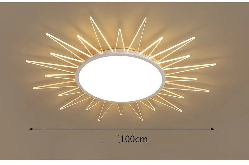 Modern round aluminium ceiling lamp with remote control for dimmable lighting.