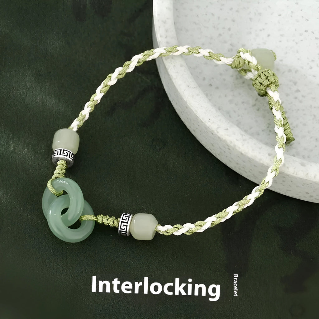 Jade green double ring women's bracelet with peace buckle weaving on copper base