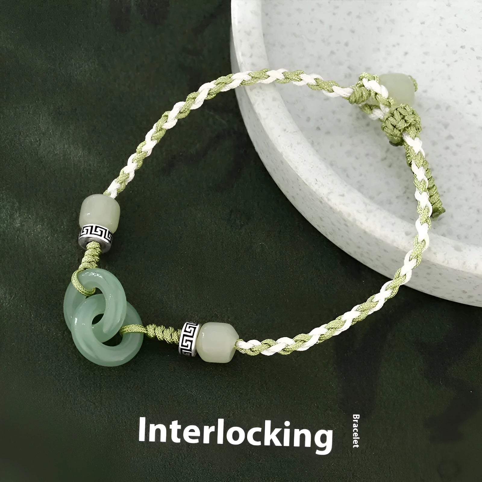 Jade green double ring women's bracelet with peace buckle weaving on copper base