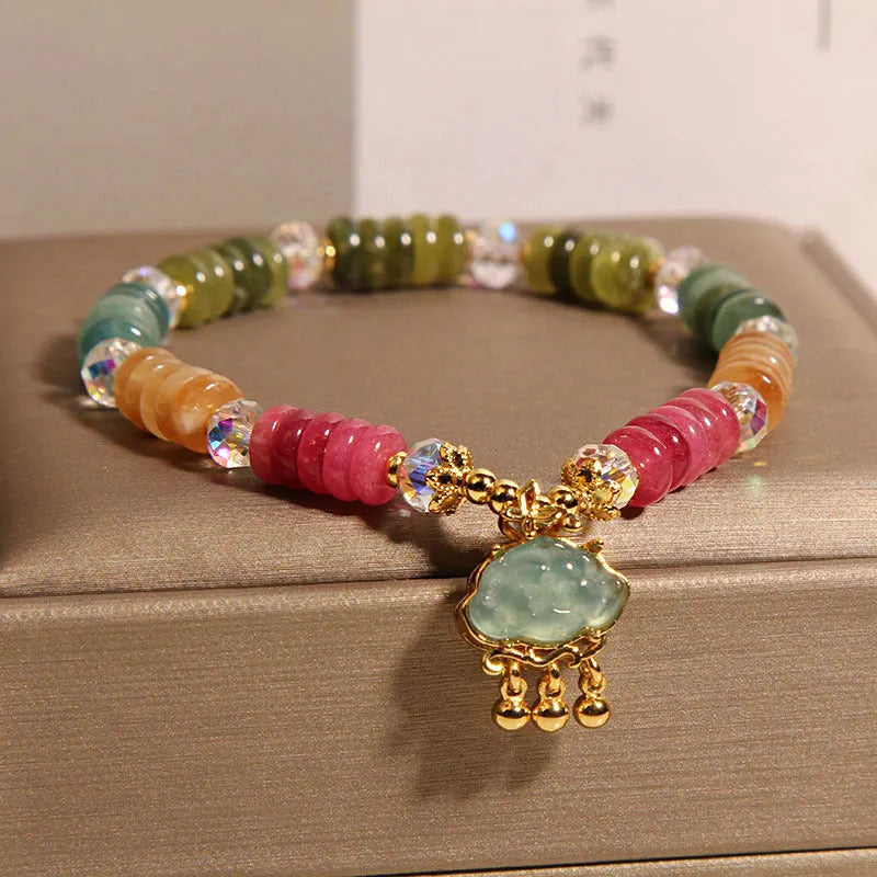 Colourful tourmaline jade Xiangyun pattern crystal bracelet with alloy inlay setting for ladies jewellery