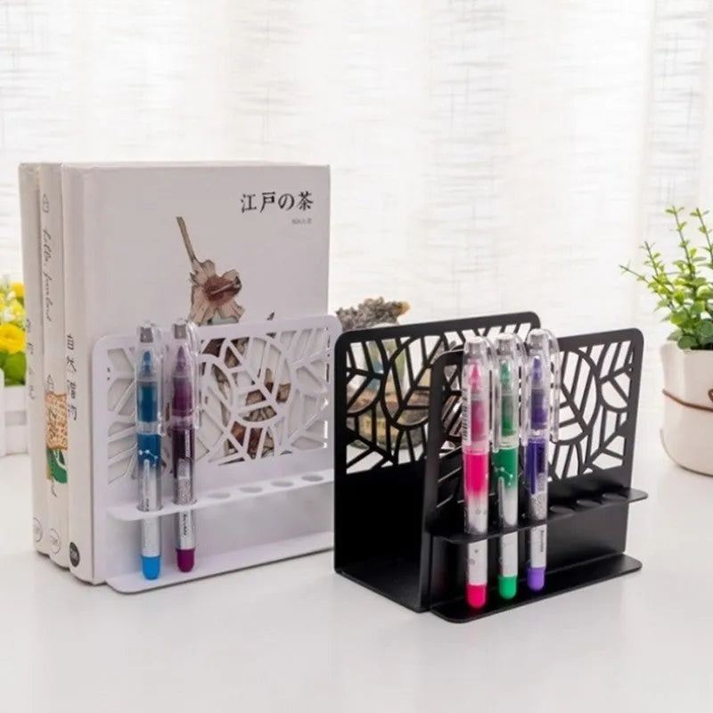 White and black thick steel plate bookend with six-hole pen holder and rounded corners