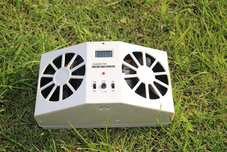 2W solar car exhaust fan with three-speed control and 800 mAh battery, white plastic blades