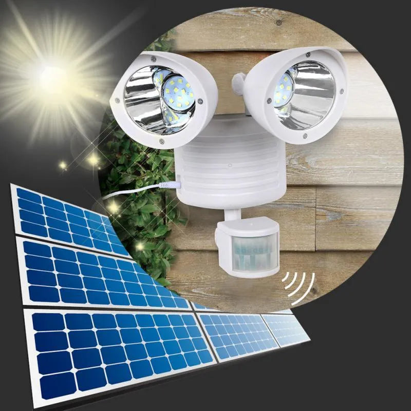 Black and white dual head solar security spotlight with motion sensor for outdoor wall mounting