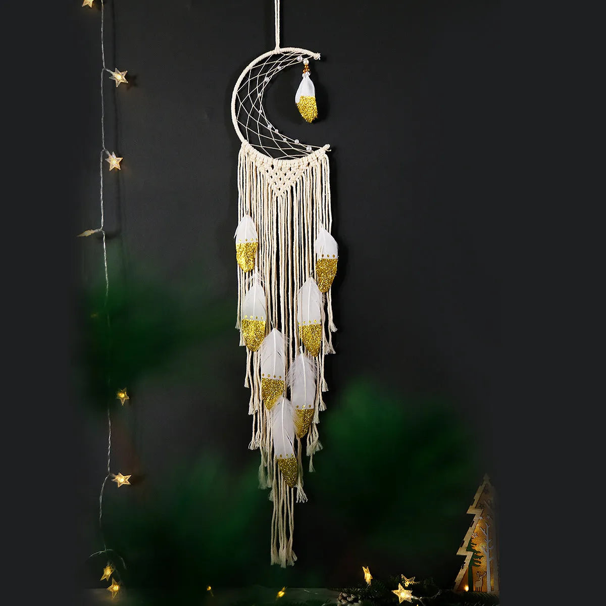 Gold crescent dream catcher wall decoration made of cotton thread, 20x100cm, plain pattern, model MS7566