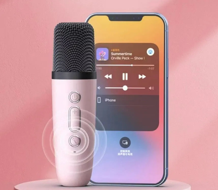 White, pink, and sky blue portable Bluetooth karaoke microphone speaker with coloured LED lights.