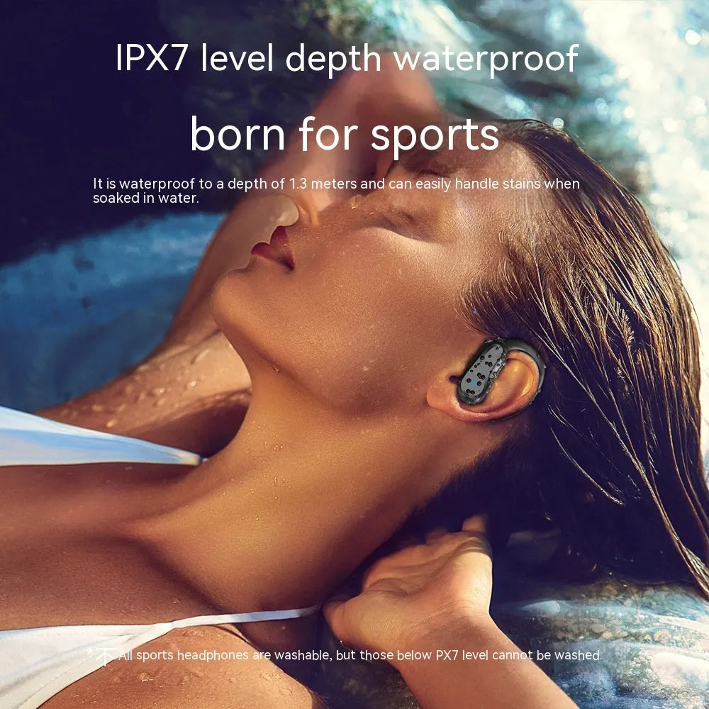 Black IPX7 waterproof ear-mounted sports wireless Bluetooth headset with silicone ear hooks and charging case