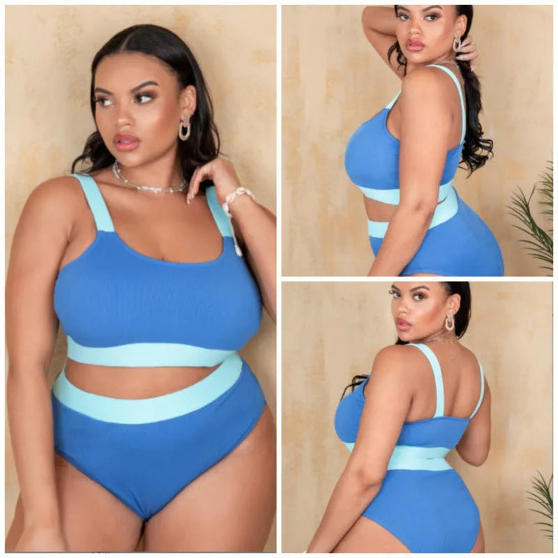 Women's pure colour high waist bikini set with stitching details in extended sizes 0XL to 4XL