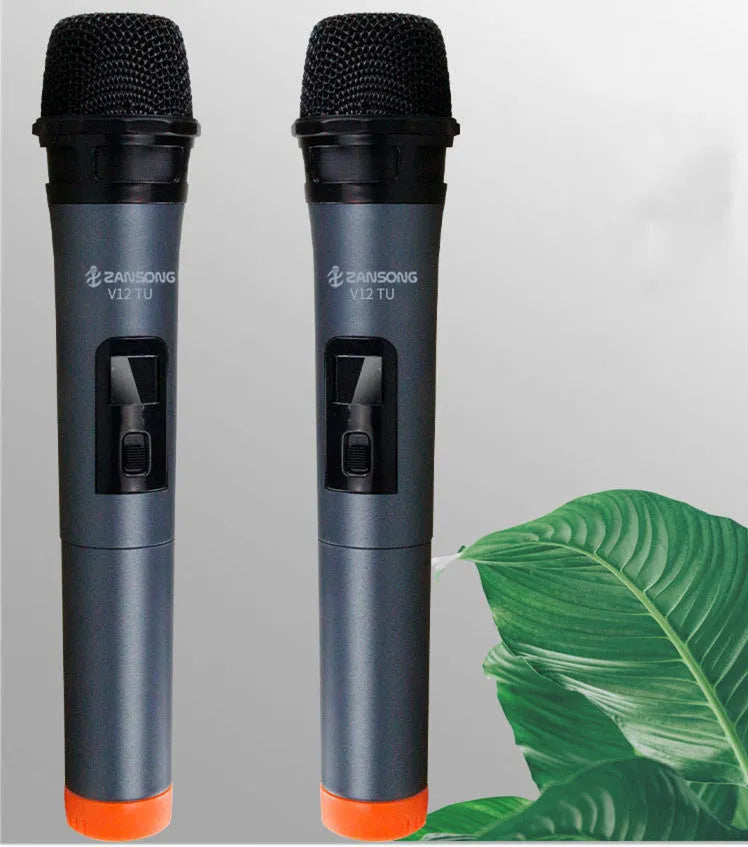 Black V12 dynamic handheld wireless microphone with USB receiver and audio cable.