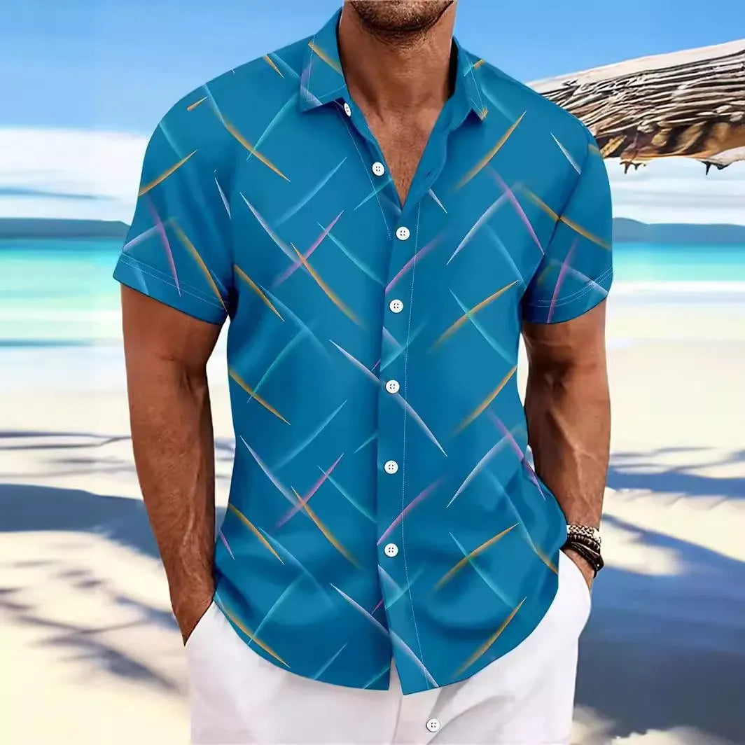 Men's casual beach button shirt with striped feather pattern, short sleeves, and loose fit in peacock blue colour