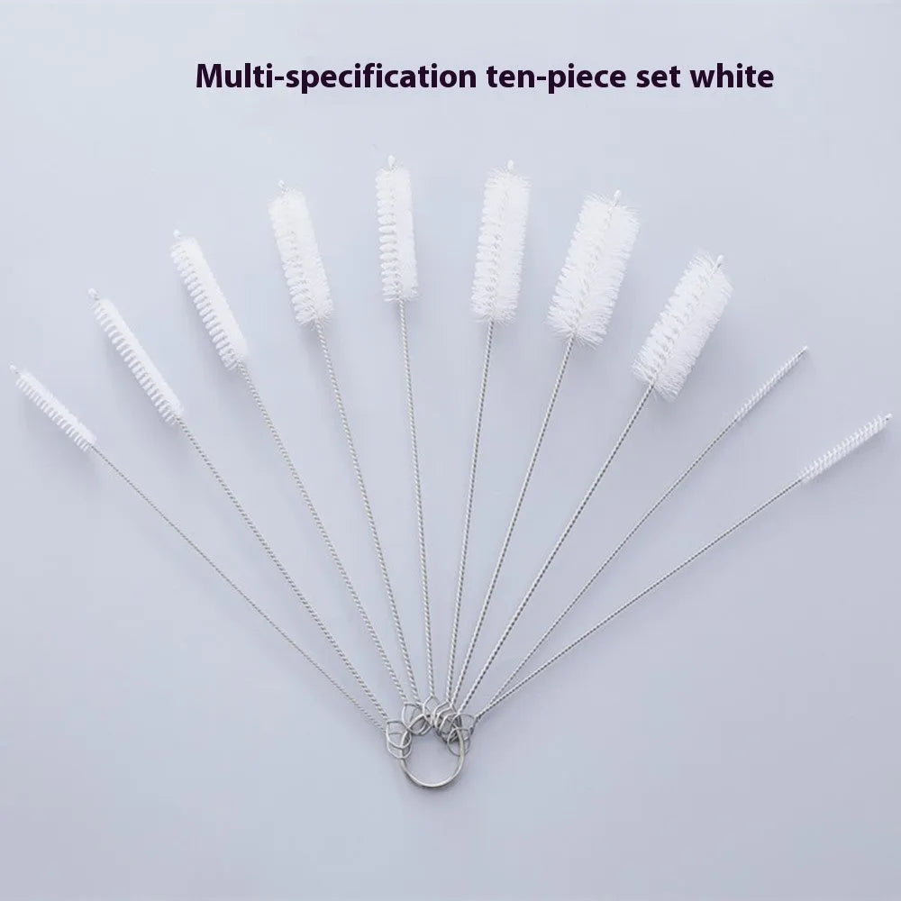 Stainless steel and nylon cleaning brush set showing multiple brushes in a white colour option.