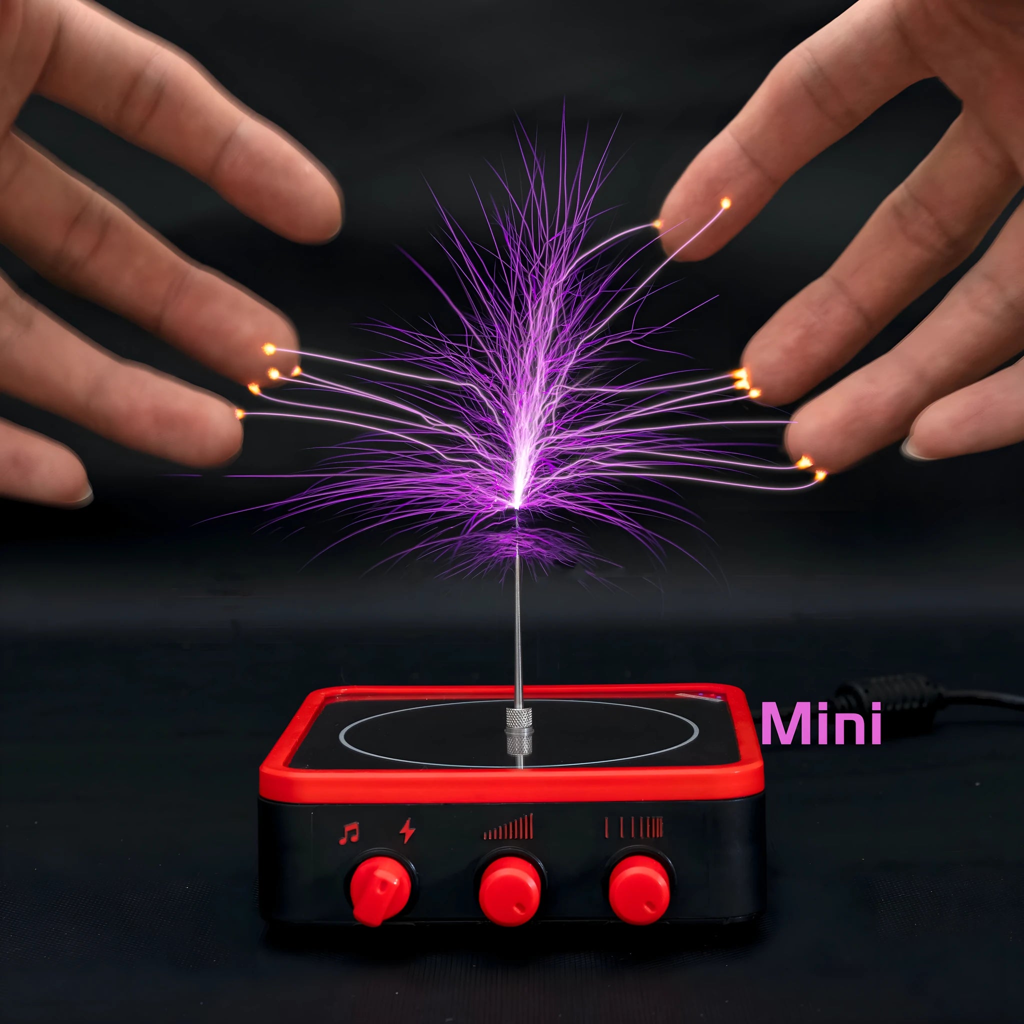 Music Tesla coil lightning speaker in black with Bluetooth connection, adjustable arc length, compact host