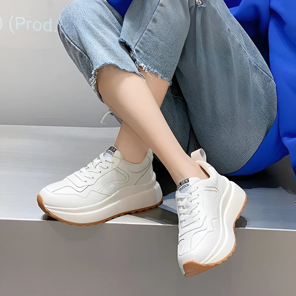 Beige women's cowhide leather casual shoes with low-top design and English muffin heel.