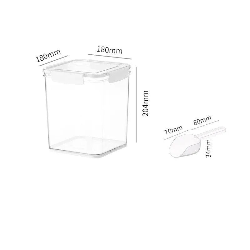 White sealed pet food storage bucket with silicone lid and a yellow plastic scoop inside