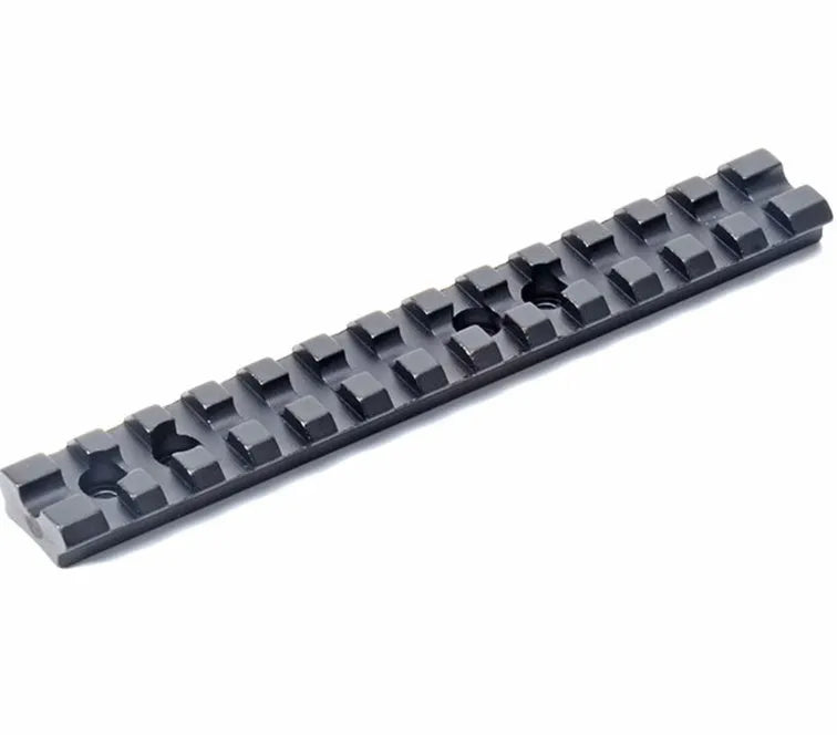 Black aluminium shotgun scope mount with 140mm rail, 13 slots, screws and Allen key for Mossberg 500