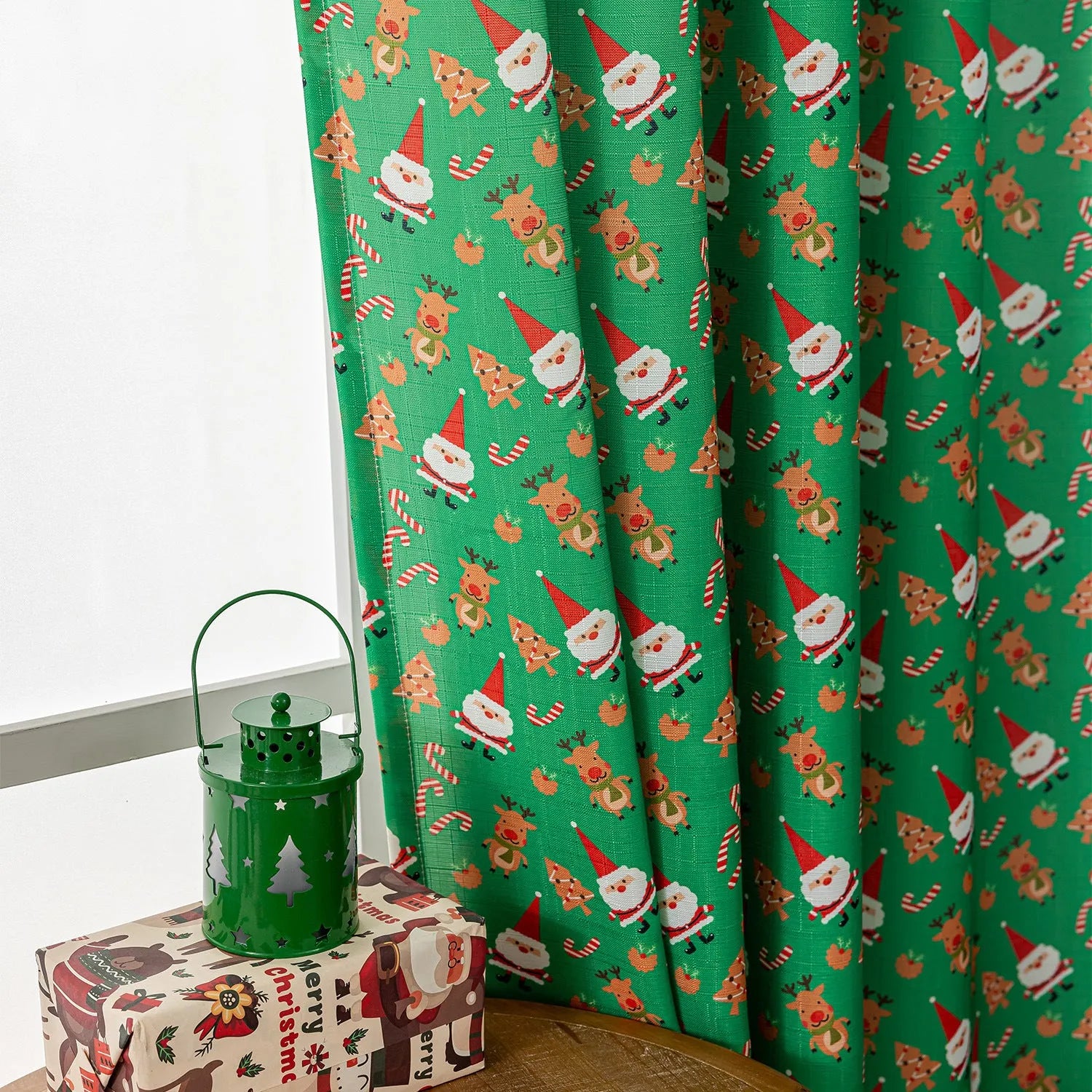 Christmas curtain with cartoon snowman and angel print in red or green, 1 metre length