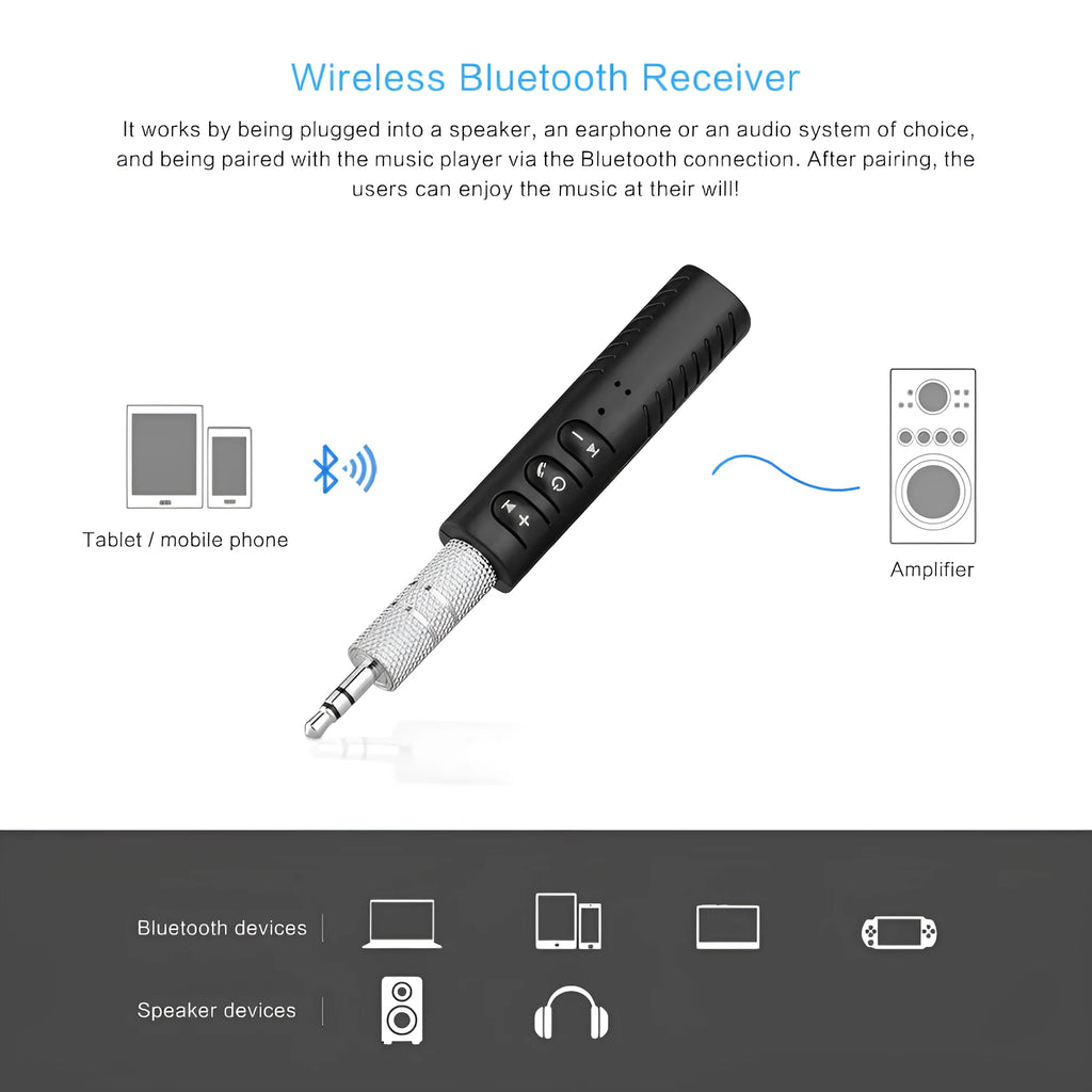 Black Bluetooth car audio adapter with 3.5mm connection for wireless music streaming
