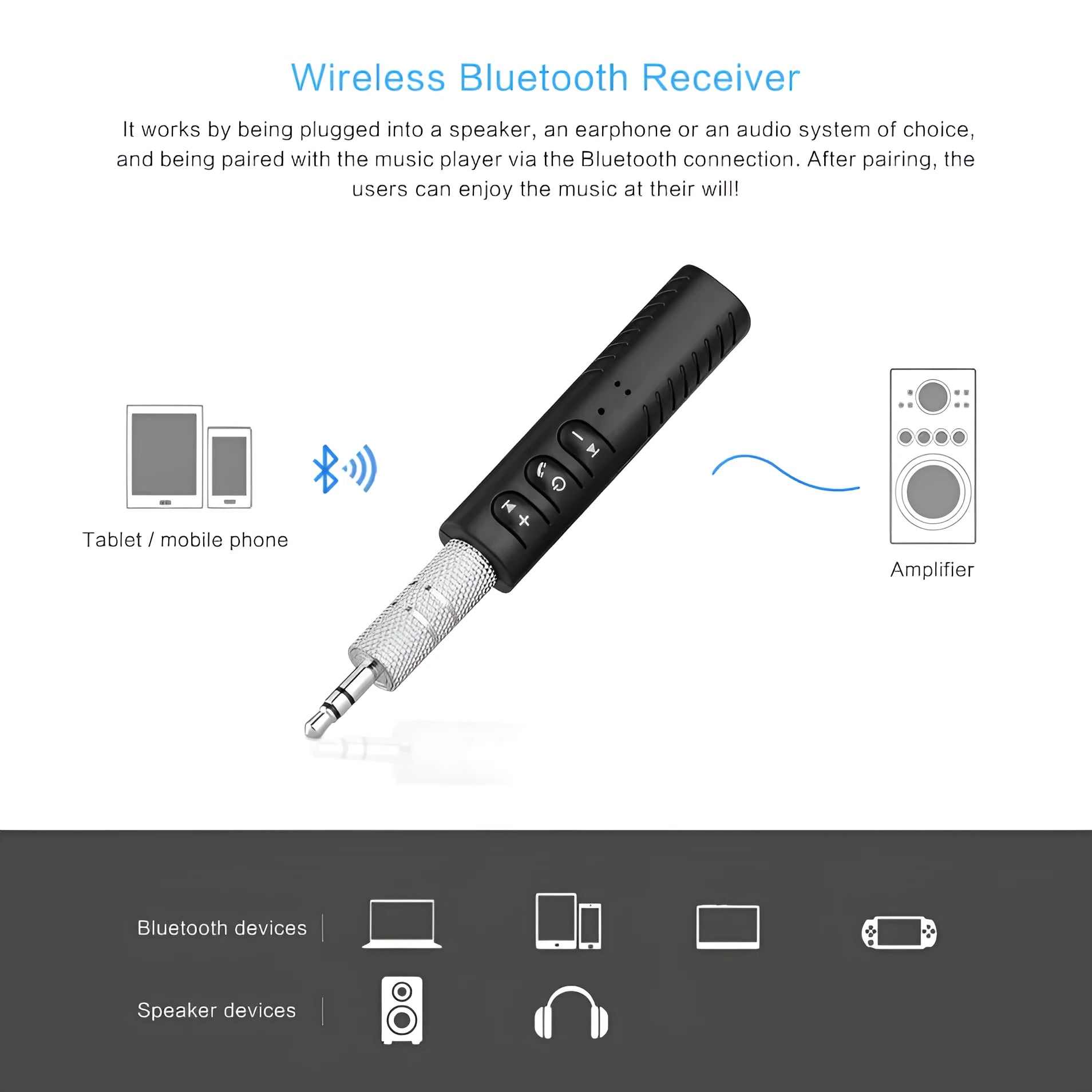 Black Bluetooth car audio adapter with 3.5mm connection for wireless music streaming