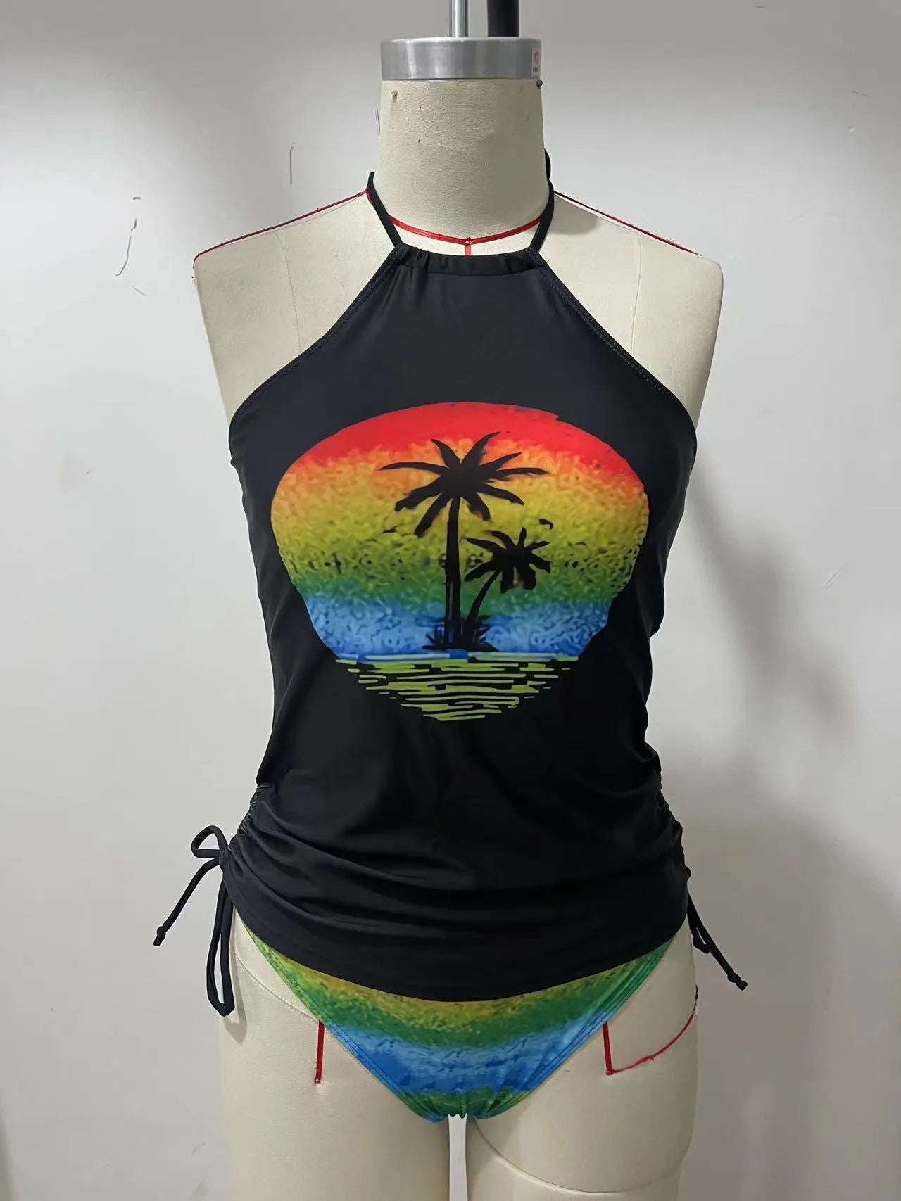 Conservative printed bikini swimsuit for women with colourful pattern and split design