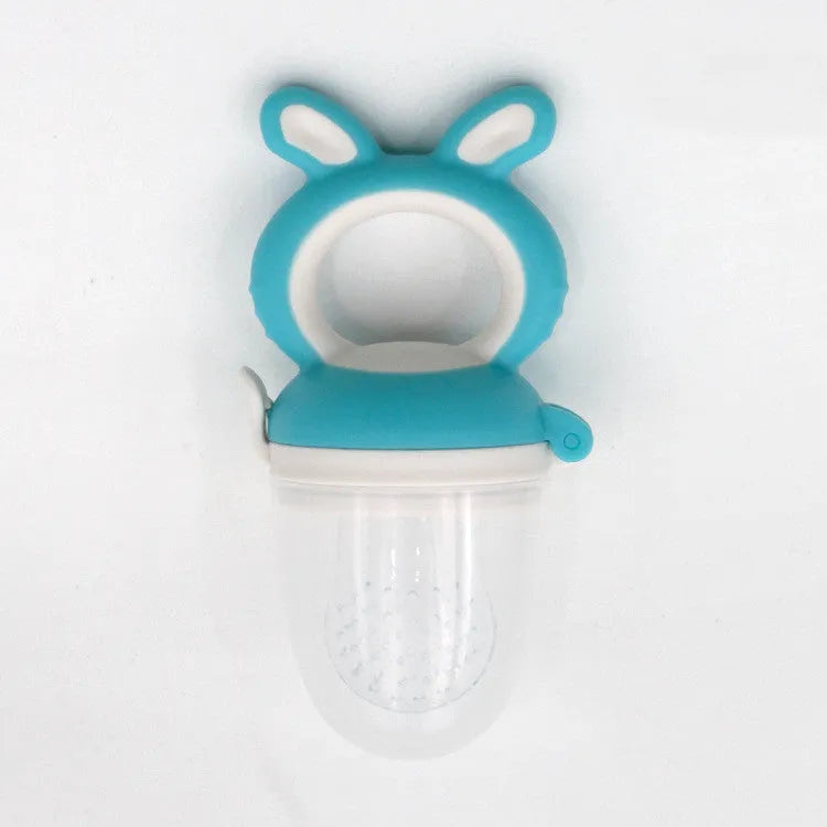 Baby Bite food grade silicone and PP teether set in blue, green, and pink with cartoon design, available in three sizes