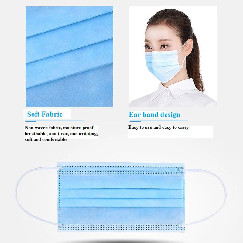 Disposable 3-ply face mask in light blue with ear loops, 175mm x 95mm non-woven fabric