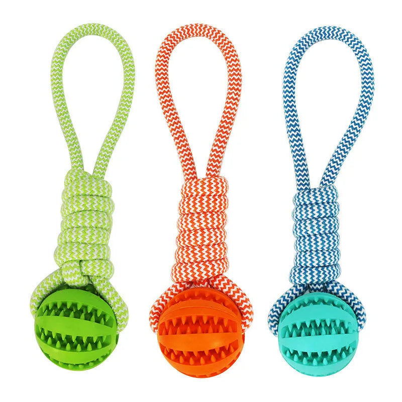 Interactive dog toy ball with cotton rope and rubber ball in twist shape, 25 cm, blue colour