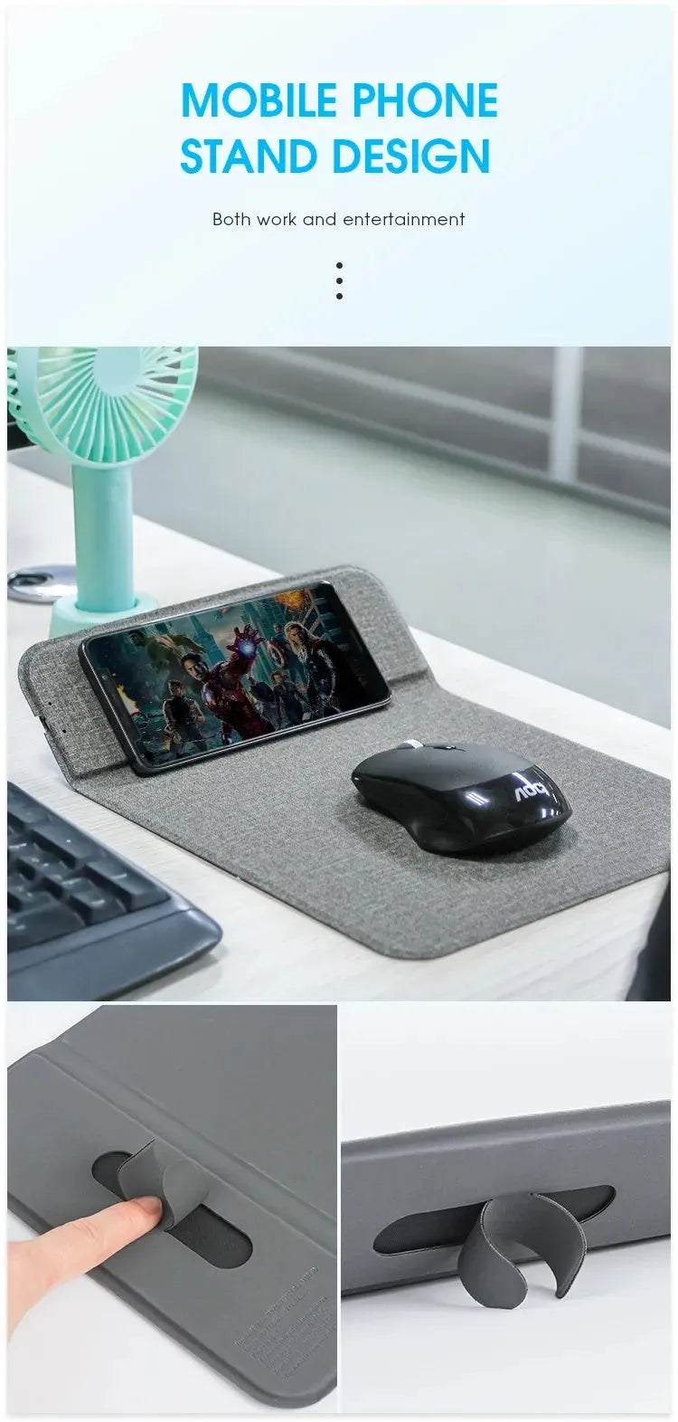 A foldable cloth wireless charging holder displaying a smartphone charging at an angle