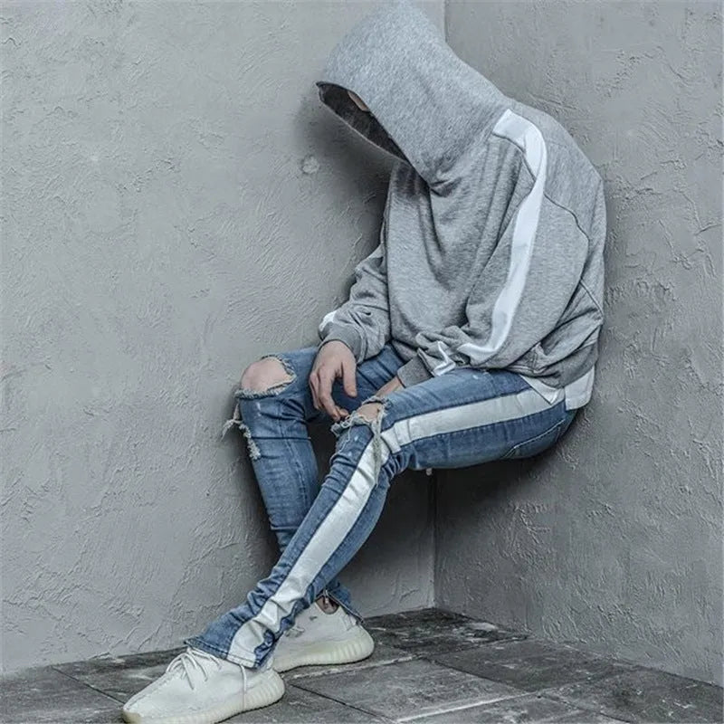 Men's ripped jeans black blue cotton slim fit distressed denim streetwear trousers