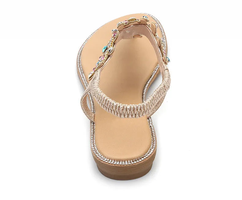 Gold low heel sandals with colourful diamond embellishments TPR sole open toe