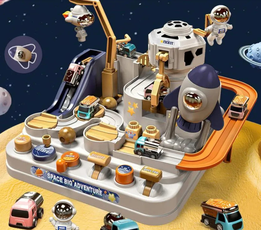 Big Adventure plastic toy set with multi-level parking garage, car tracks, and toy vehicles laid out for play.