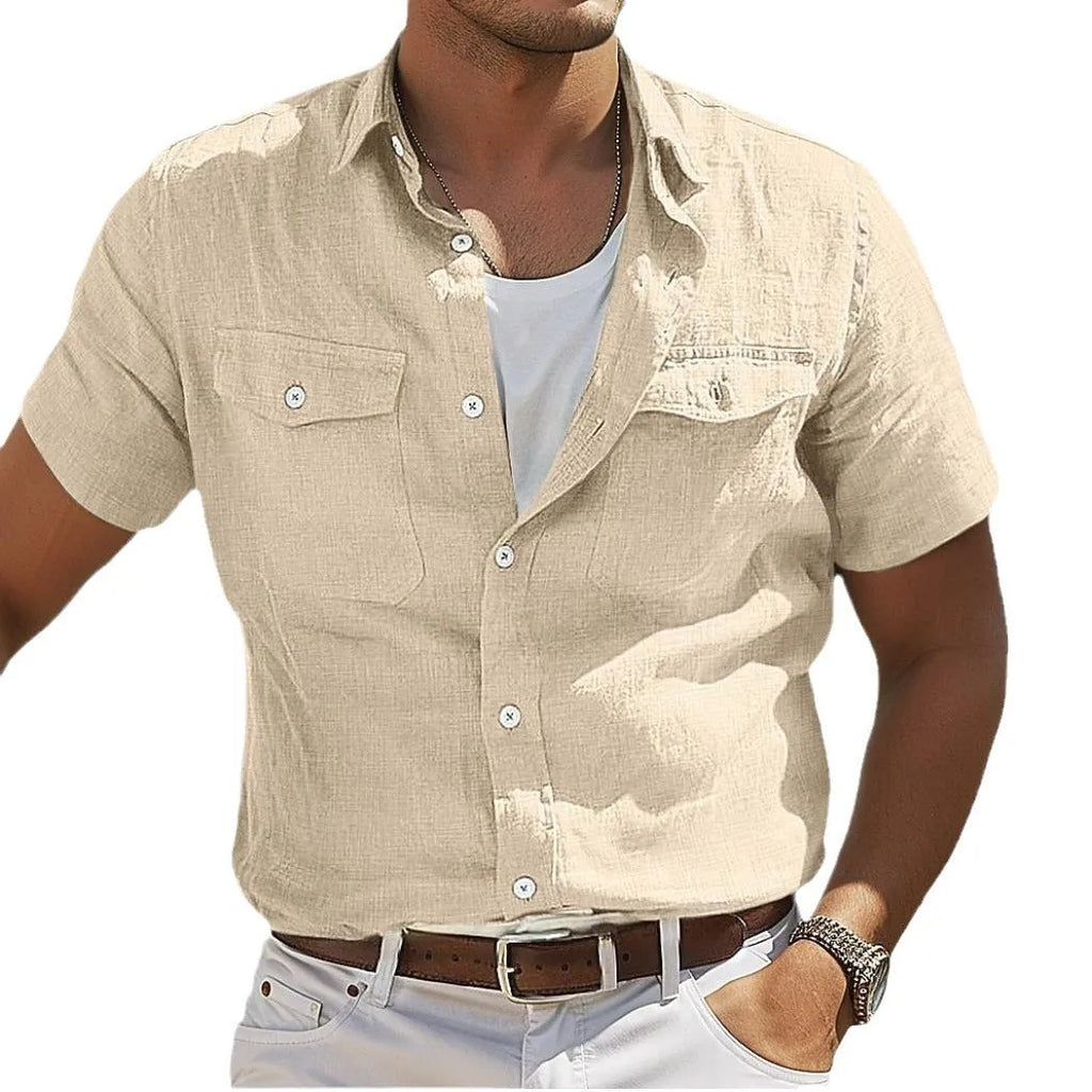 Men's loose fit cotton summer shirt with polo collar in solid colours grey green blue apricot