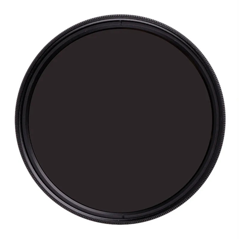 ND8 neutral density camera lens filter with silver aviation aluminium frame, shown next to a lens.